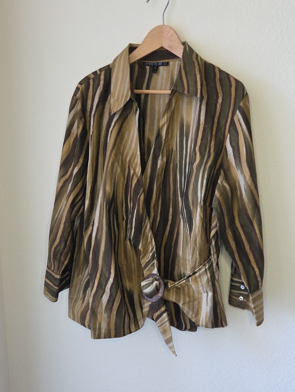 Lafayette 148 NY 100% Cotton Striped Olive Green Brown Tan Wrap Blouse Sz 24
